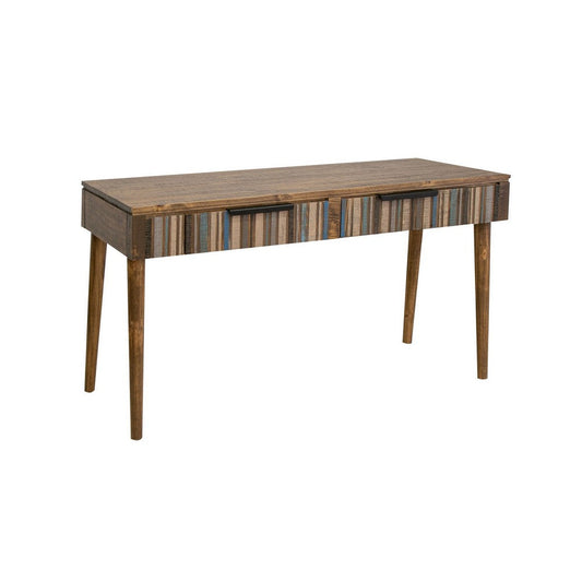 Texu 61 Inch Desk, Pine Wood, 2 Drawers, Slim Tapered Legs, Brown, Blue By Casagear Home
