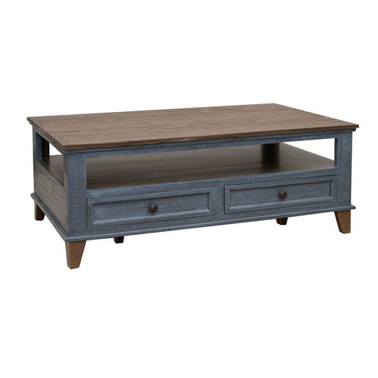 Rozy 50 Inch Coffee Table, Pine Wood, 4 Drawers, Open Shelf, Brown, Blue By Casagear Home
