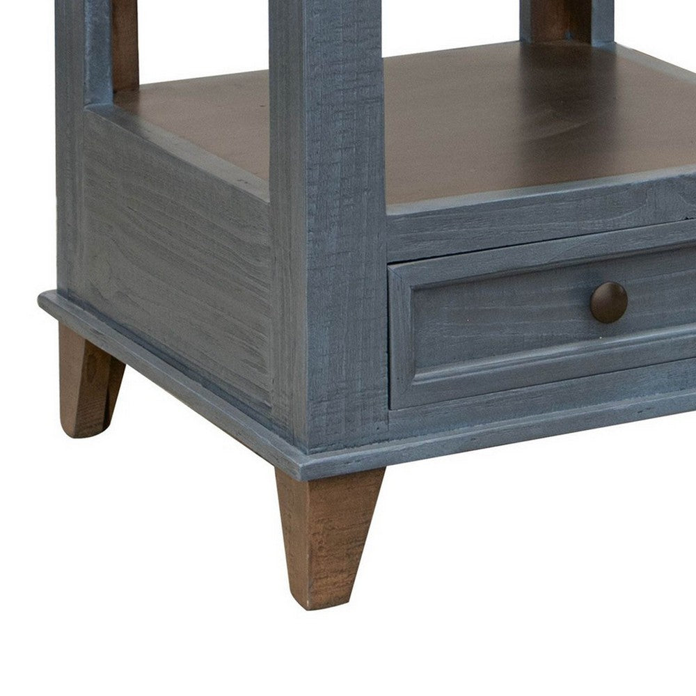Rozy 26 Inch Side End Table, Pine Wood, 1 Drawer, Open Shelf, Brown, Blue By Casagear Home