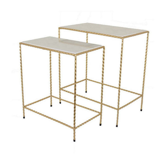 Oya Plant Stand Table Set of 2, Twisted Metal Gold Open Frame, White Top By Casagear Home