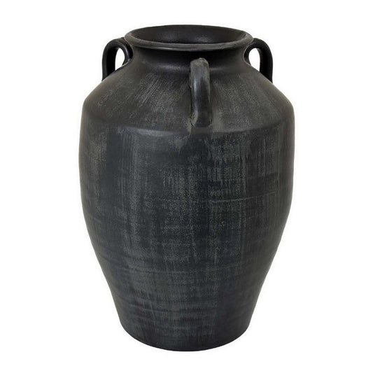Risa 14 Inch Decorative Vase, Urn Shape, 3 Curved Handles, Antique Black By Casagear Home