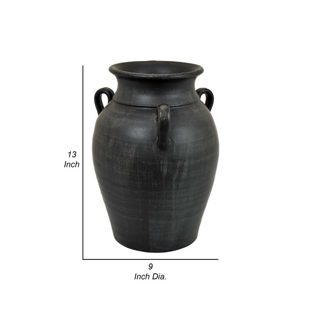 Risa 13 Inch Decorative Vase, Urn Shape, 3 Curved Handles, Antique Black By Casagear Home