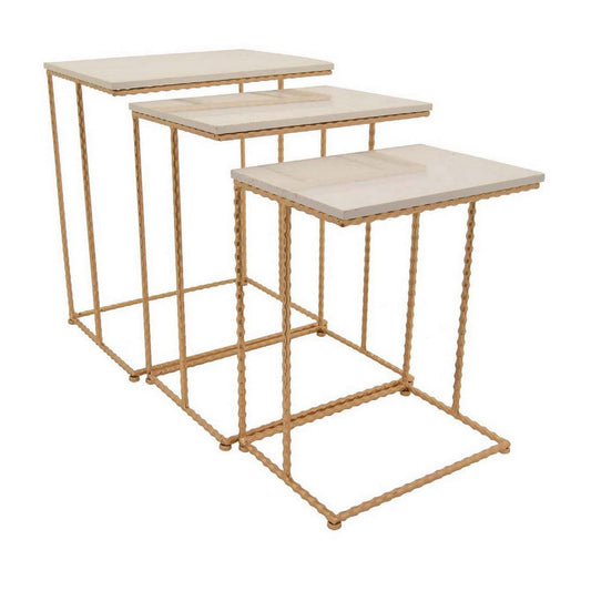 Plant Stand Table Set of 3, Gold Twisted Metal Frames, White Marble Top By Casagear Home