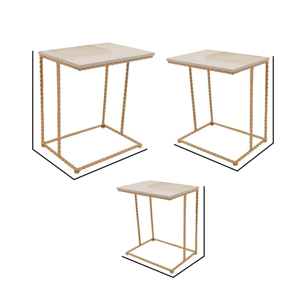 Plant Stand Table Set of 3, Gold Twisted Metal Frames, White Marble Top By Casagear Home