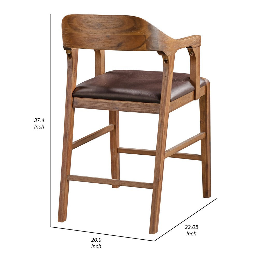 Rase 24 Inch Counter Stool Chair, Faux Leather, Open Back, Brown Wood By Casagear Home