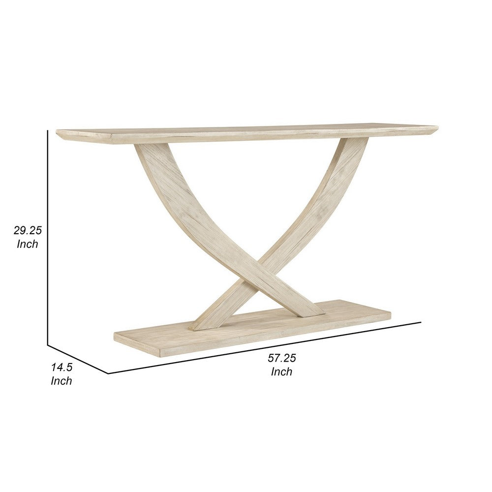 Rase 57 Inch Console Table, Cross Leg Design, Pedestal Base, Whitewash Wood By Casagear Home
