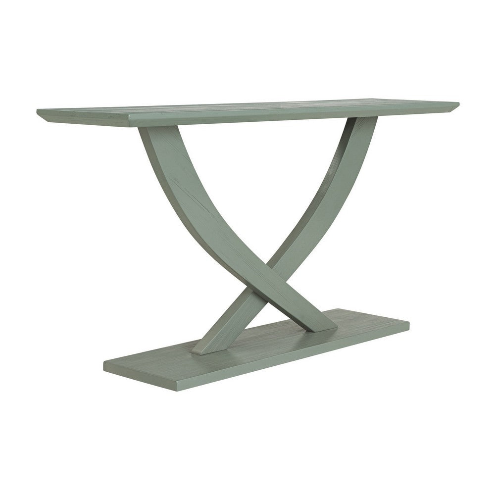Rase 57 Inch Console Table, Cross Leg Design, Pedestal Base, Gray Green By Casagear Home