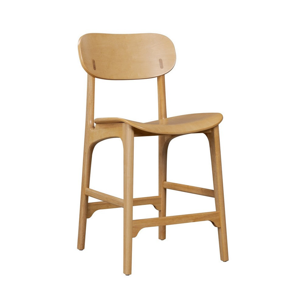 Seln 24 Inch Counter Stool Chair, Curved Seat, Open Back, Light Brown Wood By Casagear Home