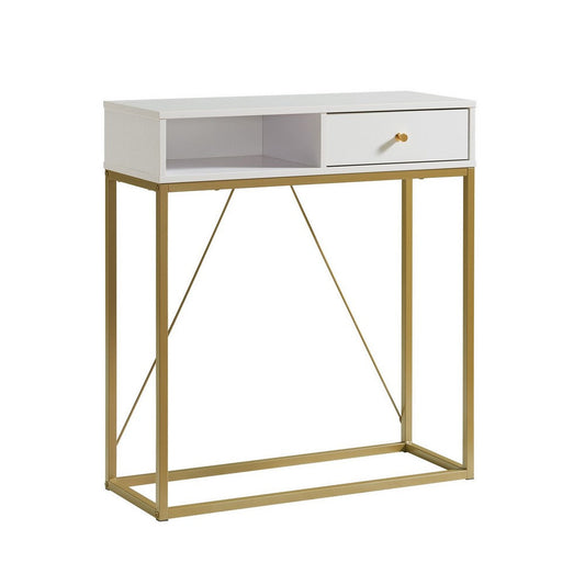 Bery 34 Inch Sideboard Console Table, 1 Cubby Shelf, 1 Drawer, White, Gold By Casagear Home