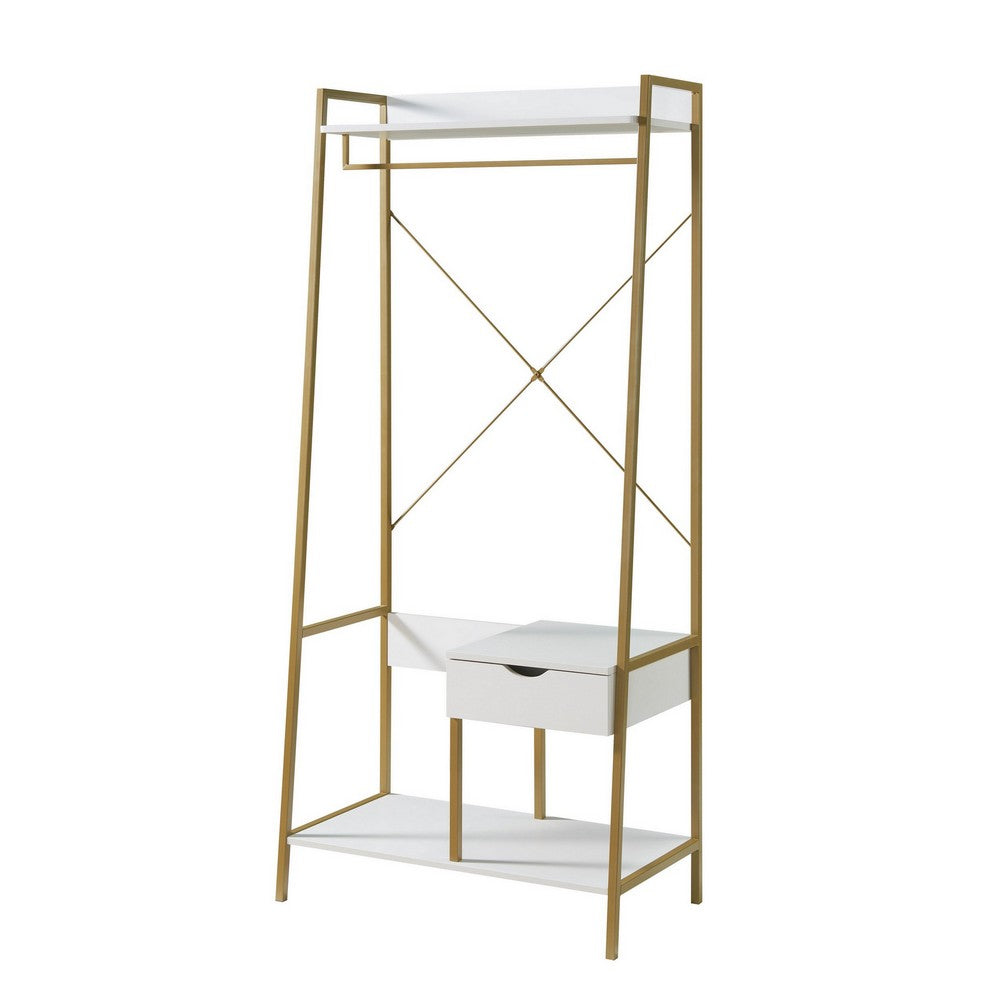 Bery 71 Inch Clothing Rack, 1 Drawer, 1 Hanging Rod Open Shelf, White, Gold By Casagear Home