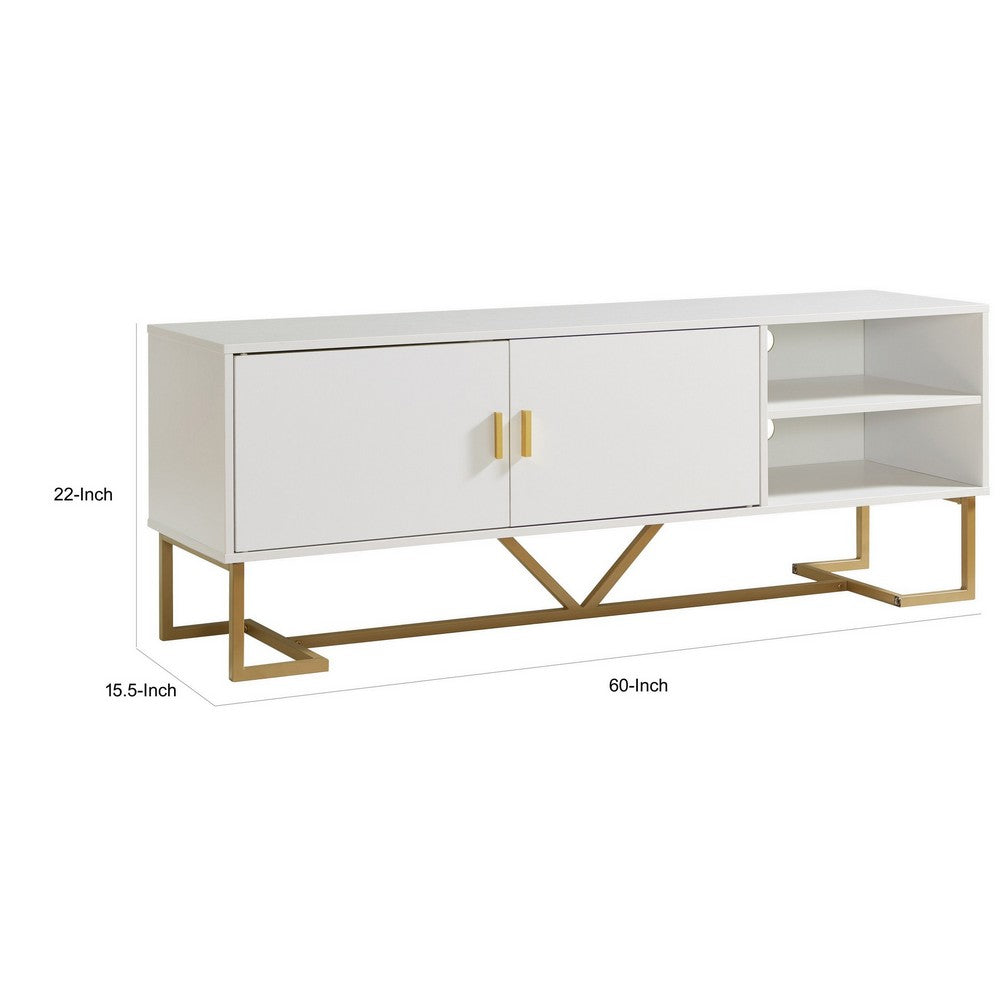 Bery 60 Inch TV Media Entertainment Console, 2 Door Cabinet, White, Gold By Casagear Home