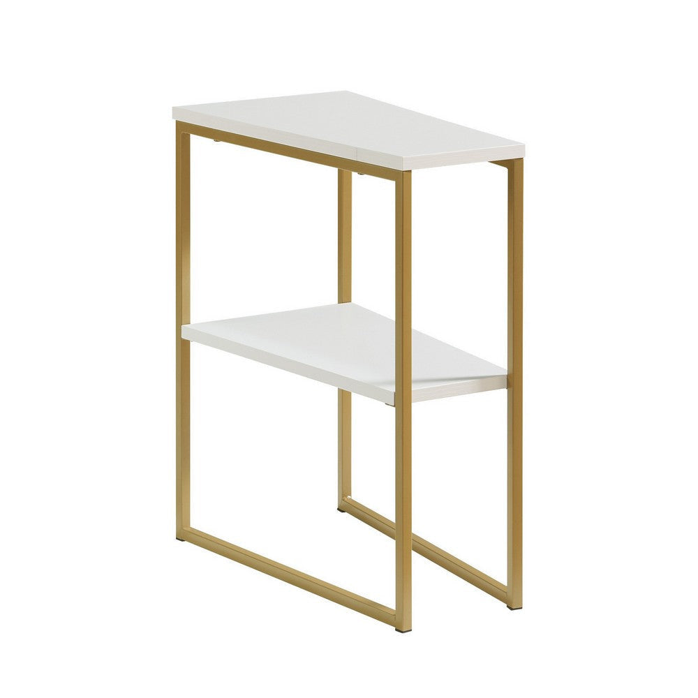 Bery 24 Inch Chairside Table, 2 Shelves, Gold Metal Frame, White Finish By Casagear Home