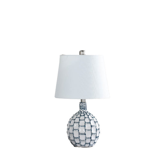 20 Inch Table Lamp, Luxurious Lattice Ceramic Body, Drum Shade, Blue Silver By Casagear Home