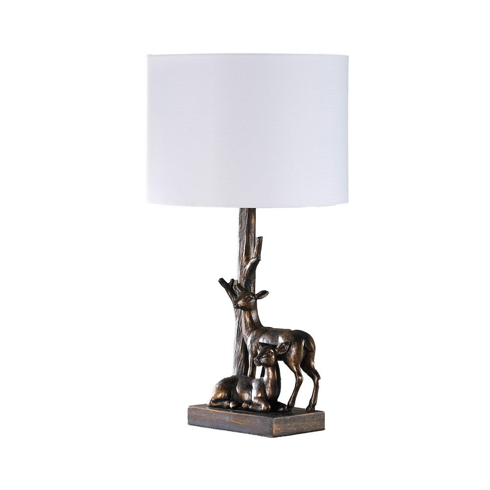 20 Inch Accent Table Lamp, Dual Roe Deer Design, White Drum Shade, Bronze By Casagear Home
