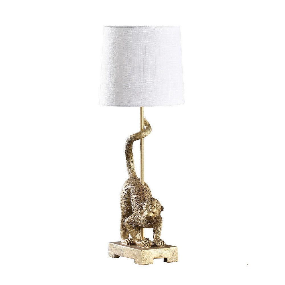 Ree 24 Inch Accent Table Lamp, Monkey Resin Sculpture, Drum Shade, Gold By Casagear Home