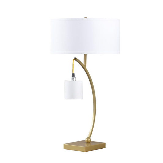 Jiya 29 Inch Arc Table Lamp, Hanging Design, 2 White Drum Shades, Gold By Casagear Home