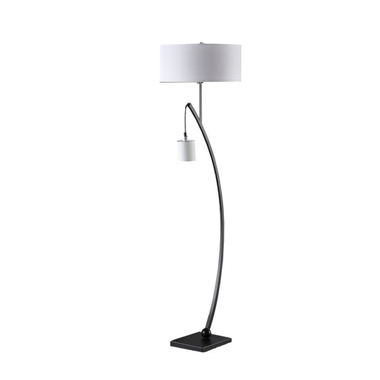 Jiya 59 Inch Arc Floor Lamp, Hanging Design, 2 White Drum Shades, Black By Casagear Home