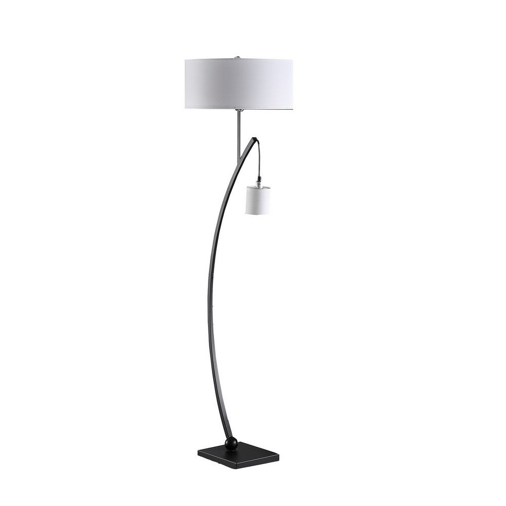 Jiya 59 Inch Arc Floor Lamp, Hanging Design, 2 White Drum Shades, Black By Casagear Home