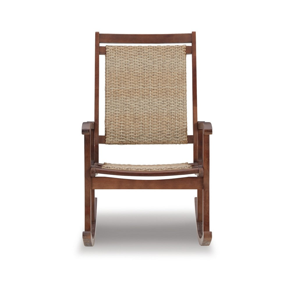 Emin 38 Inch Rocking Chair, Outdoor Resin Wicker Seat, Brown Wood Frame By Casagear Home