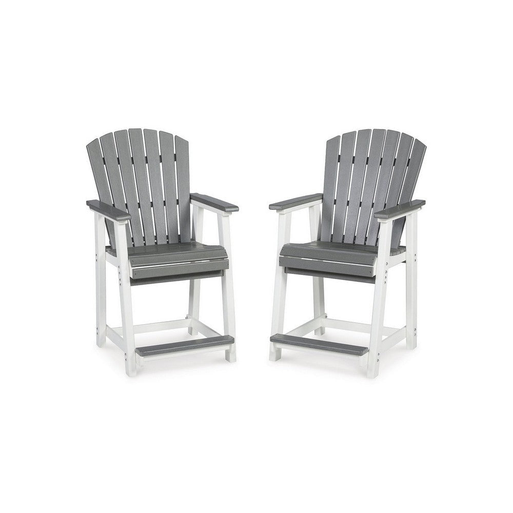 24 Inch Counter Stool Armchair Set of 2, Outdoor Slatted, Gray, White By Casagear Home