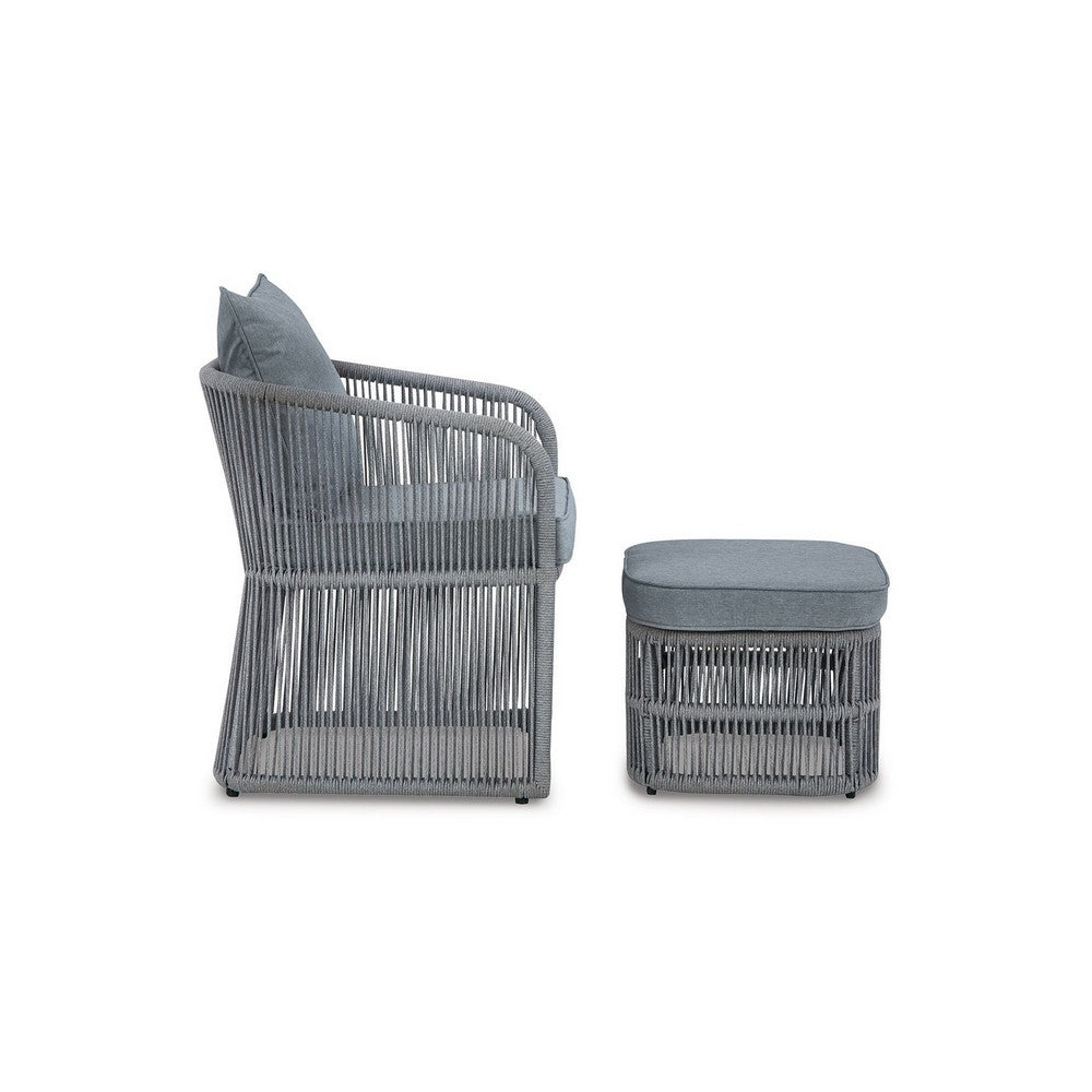 3 Piece Outdoor Chair, Ottoman, Side Table Set, Rope, Steel Frame, Gray By Casagear Home