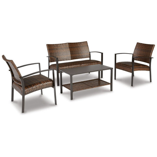 4 Piece Outdoor Loveseat, Chair, Coffee Table Set, Resin Wicker, Brown By Casagear Home