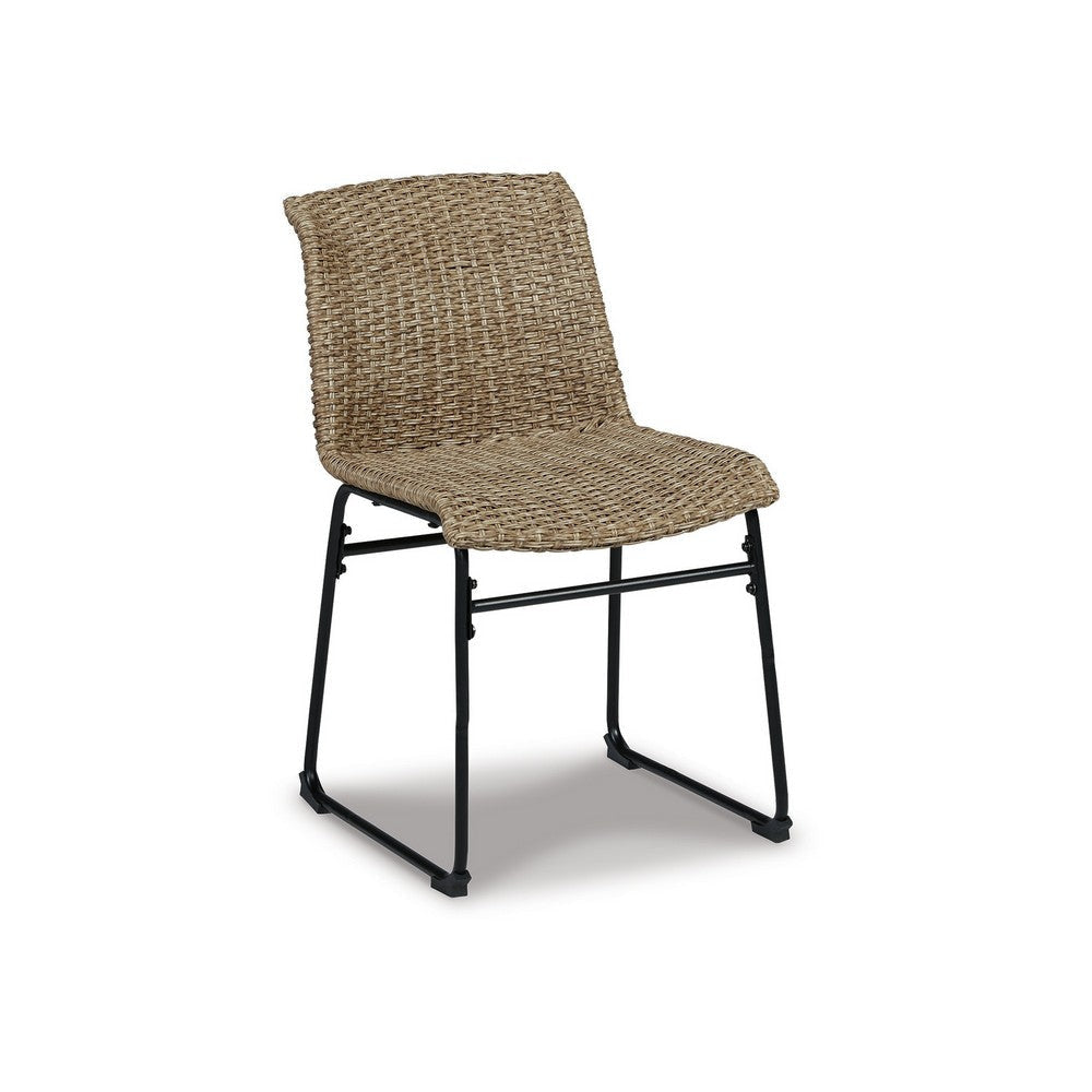 26 Inch Outdoor Dining Chair Set of 2, Black Steel Frame, Brown Wicker Seat By Casagear Home