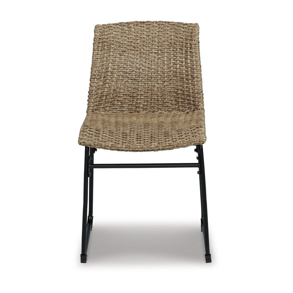 26 Inch Outdoor Dining Chair Set of 2, Black Steel Frame, Brown Wicker Seat By Casagear Home