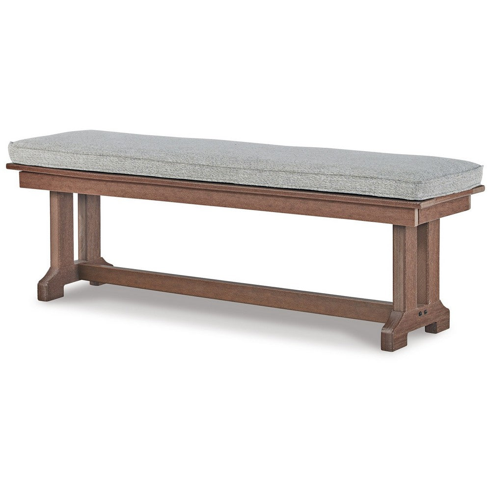 Emme 54 Inch Outdoor Dining Bench, Brown Base, Gray Padded Cushioning By Casagear Home