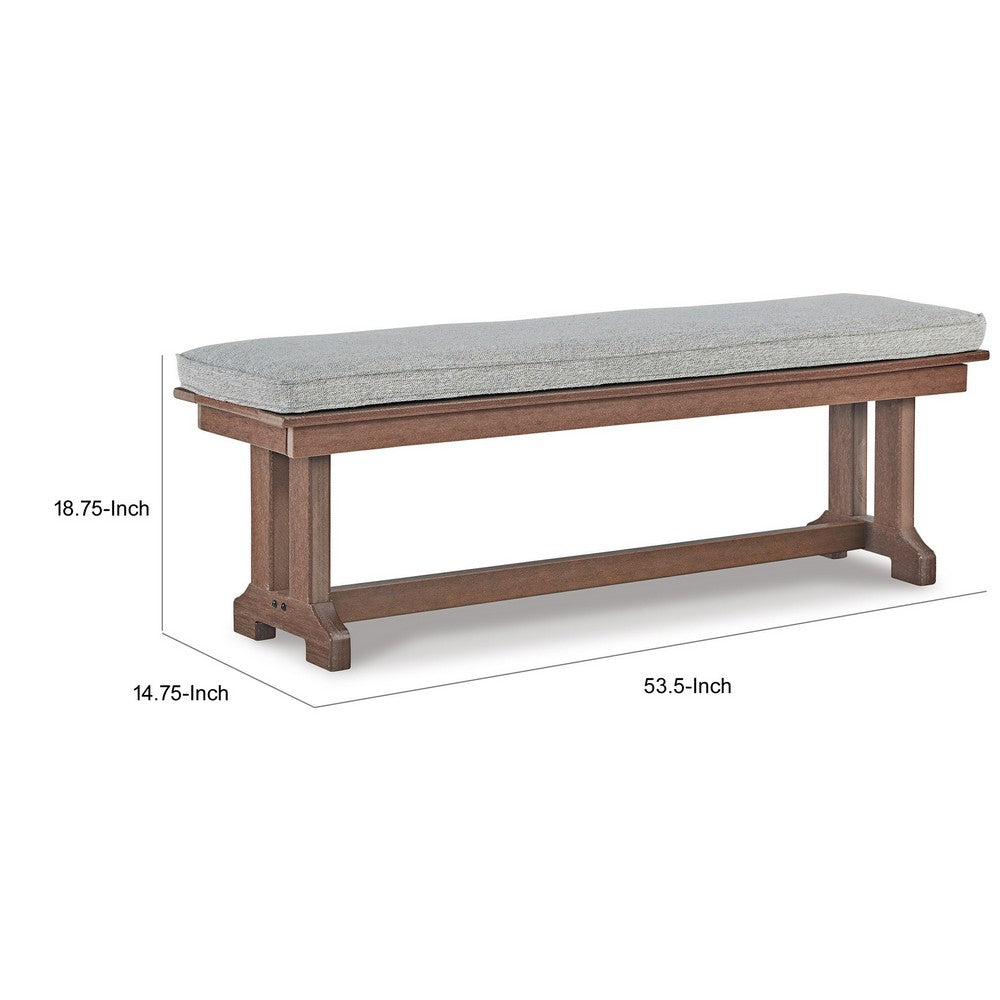 Emme 54 Inch Outdoor Dining Bench, Brown Base, Gray Padded Cushioning By Casagear Home