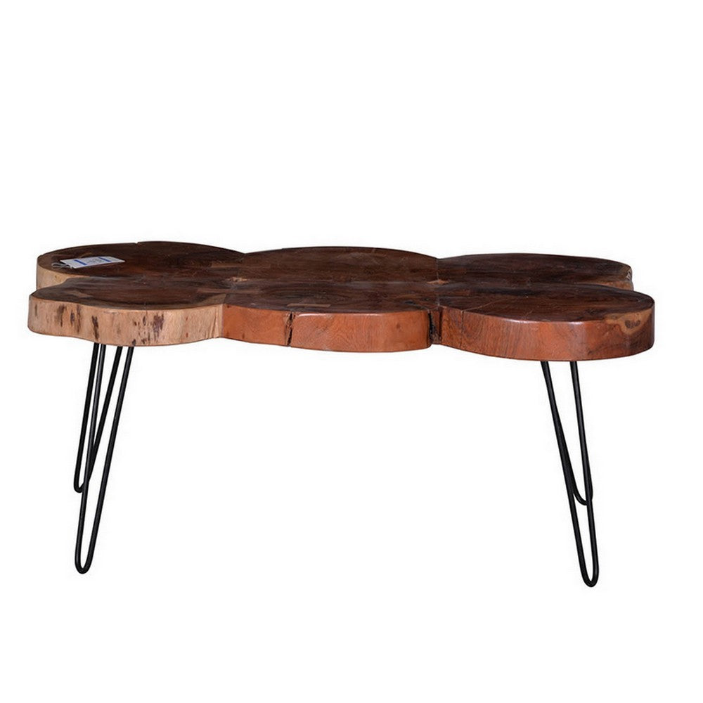39 Inch Coffee Table, Acacia Wood Top, Angled Metal Support Legs, Brown  By Casagear Home
