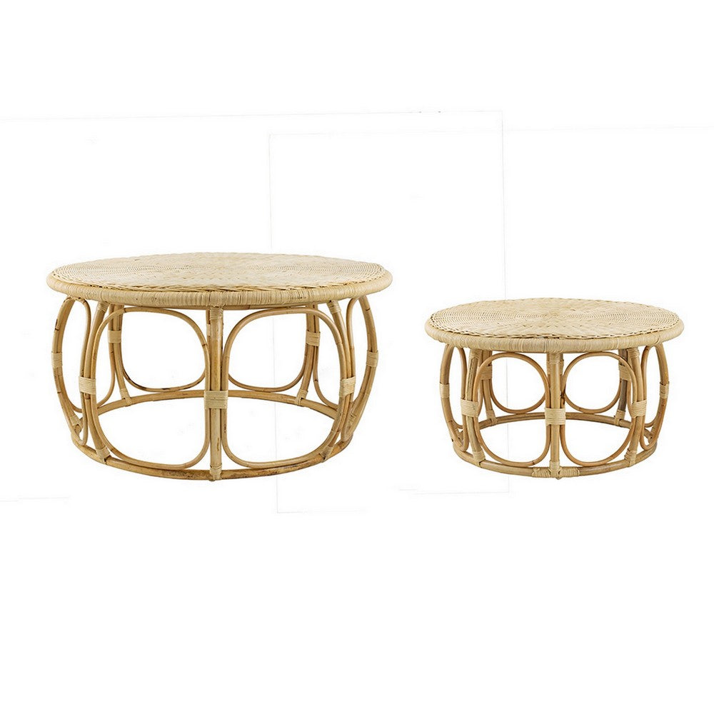 32, 40 Inch Coffee Table Set of 2, Round Tops, Handwoven Rattan, Brown By Casagear Home
