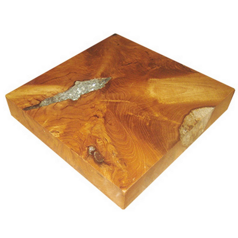 11 Inch Tabletop Platform, Resin Details, Square, Natural Brown Teak Wood By Casagear Home