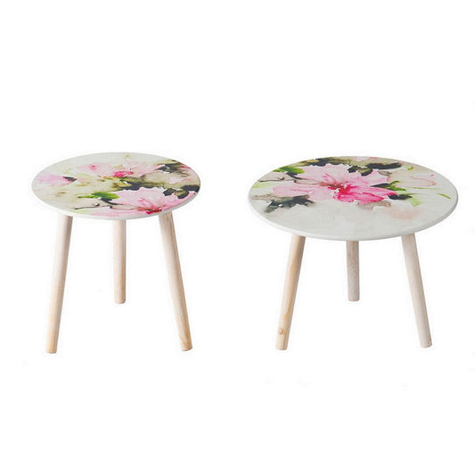 Byle 16, 20 Inch Side Table Set of 2, Floral Design, Pink and White By Casagear Home