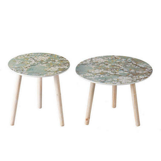 Byle 16, 20 Inch Side Table Set of 2, Floral Design, Cherry Blossom, Blue By Casagear Home