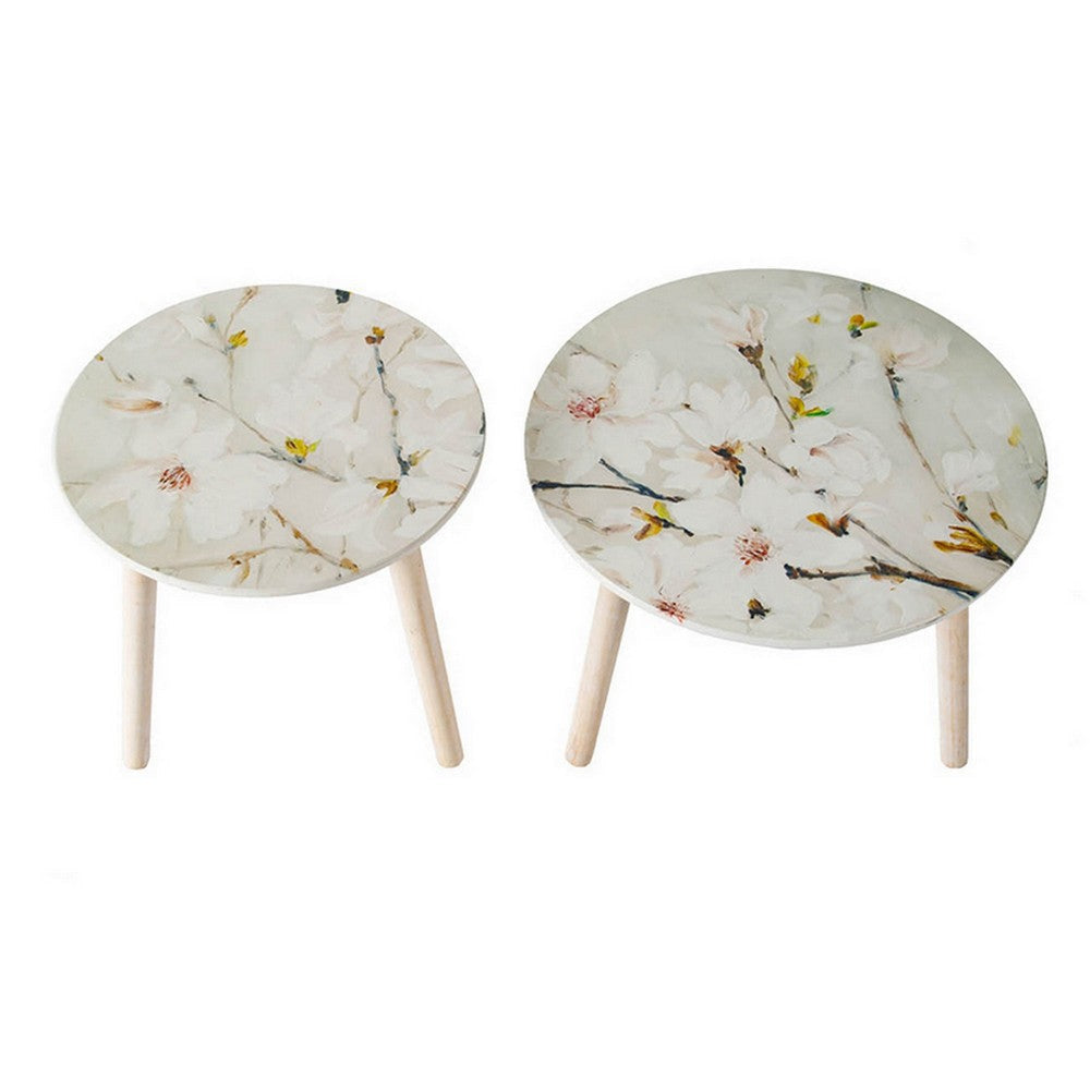 Byle 16, 20 Inch Side Table Set of 2, Floral Design, Cherry Blossom, White By Casagear Home