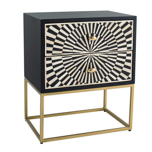 24 Inch Sideboard Cabinet, 2 Drawers, Sunray Bone Inlay, Iron, Brass, Black By Casagear Home