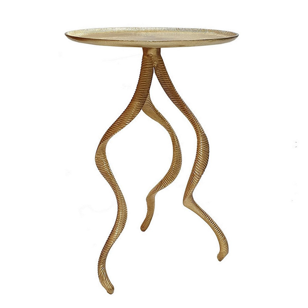 24 Inch Accent Side Table, Antler Base Design, Ribbed Top, Aluminium, Gold By Casagear Home