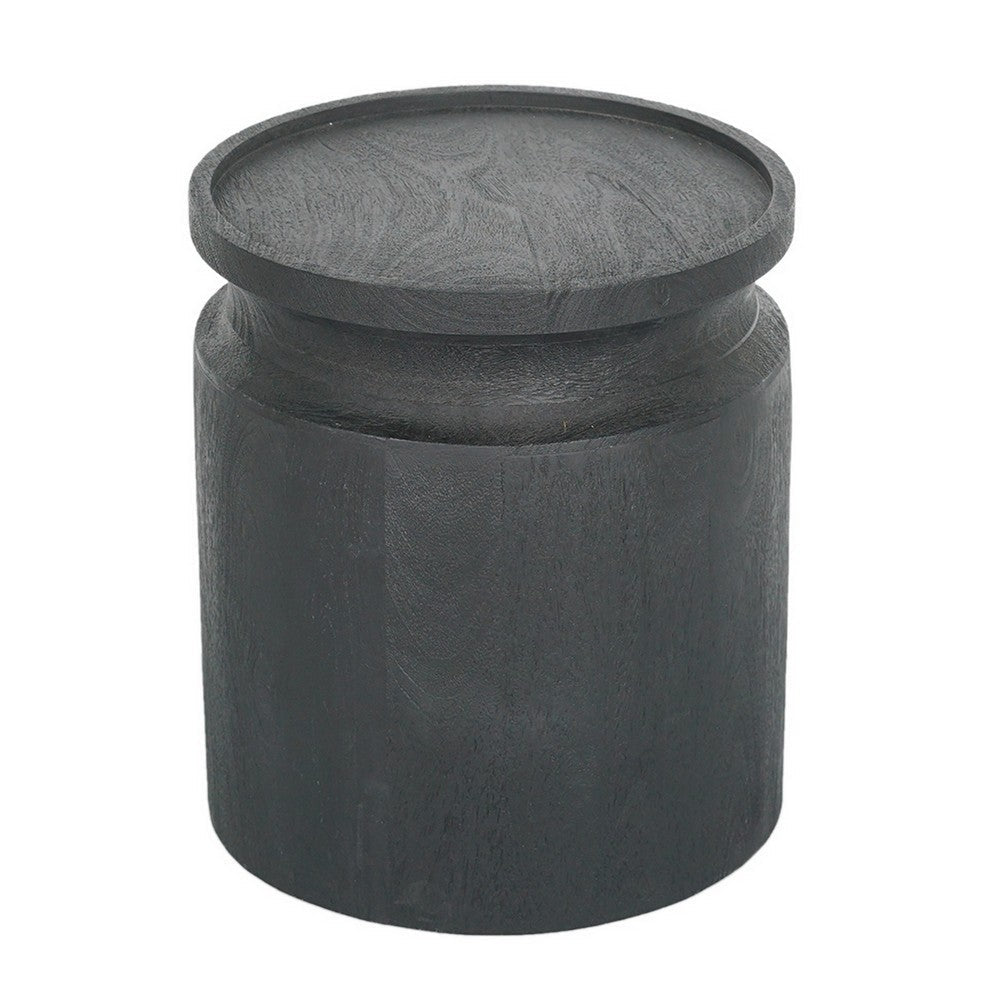 16 Inch Side End Table, Modern Cylinder Jar Like Design, Mango Wood, Black By Casagear Home