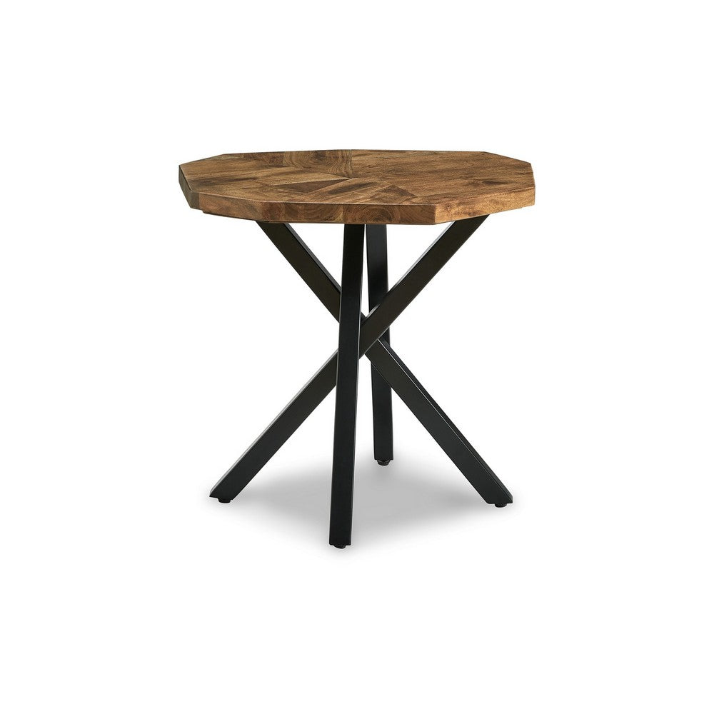 28 Inch End Table, Starburst Top, Black Metal, Live Edge Brown Acacia Wood By Casagear Home