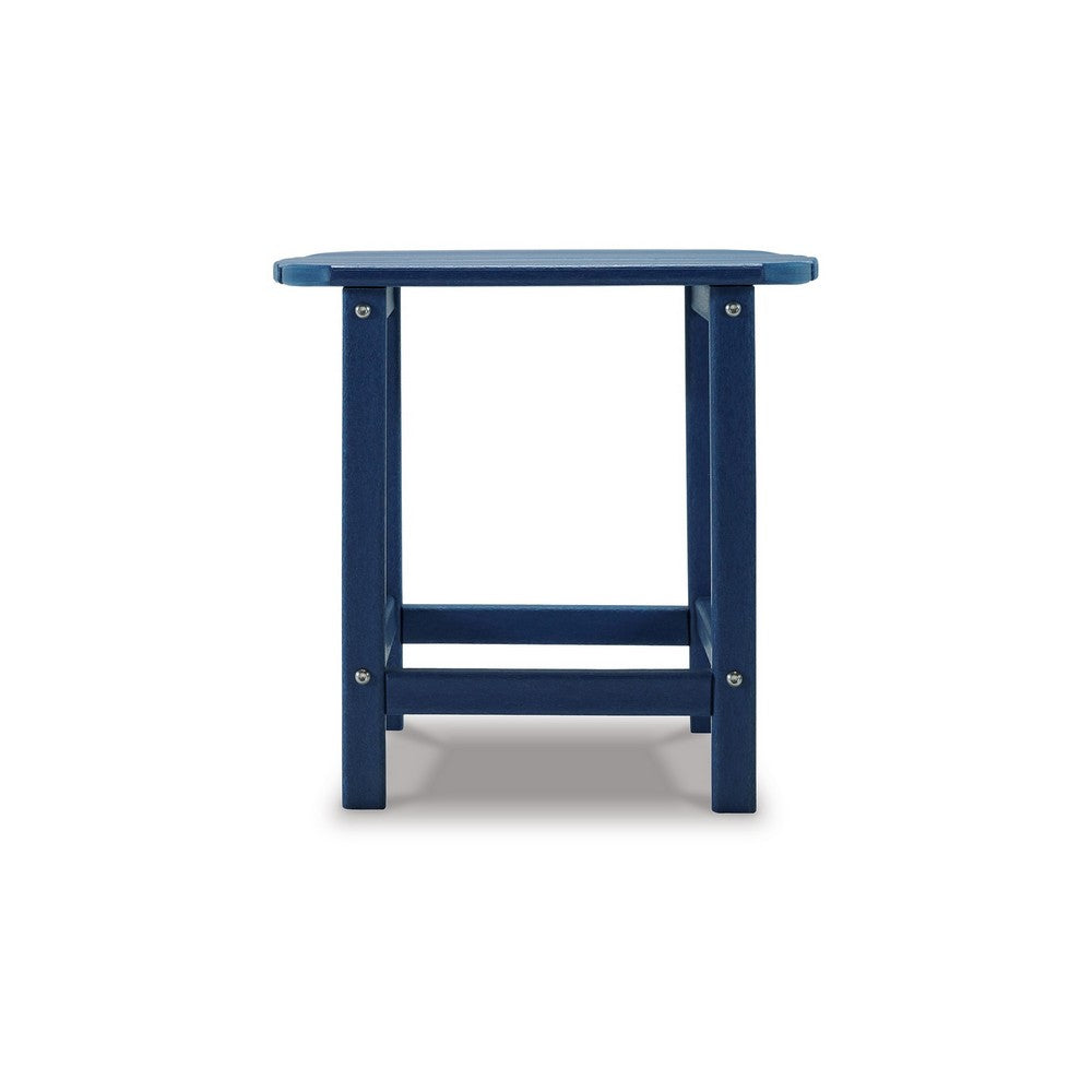 Suen 19 Inch End Table, Outdoor Blue Polyethylene Slatted Top, Steel Frame By Casagear Home
