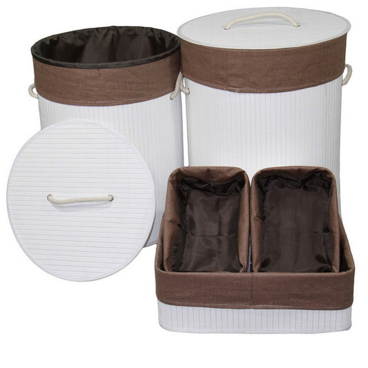 5 Piece Laundry Basket and Tray Set, Round Folding Brown Bamboo, White By Casagear Home