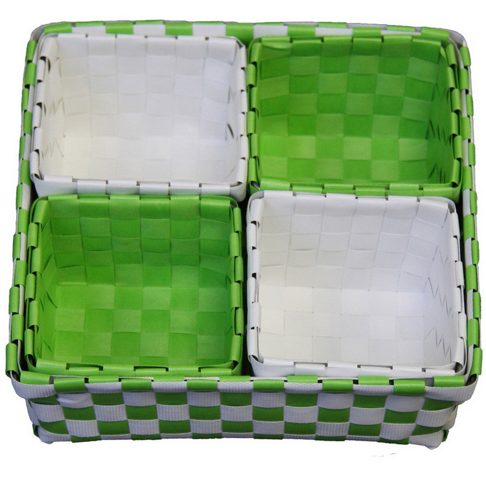 5 Piece Basket and Trays, Hand Woven, Checkered Pattern, Green and White By Casagear Home