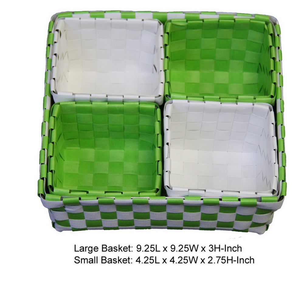 5 Piece Basket and Trays, Hand Woven, Checkered Pattern, Green and White By Casagear Home