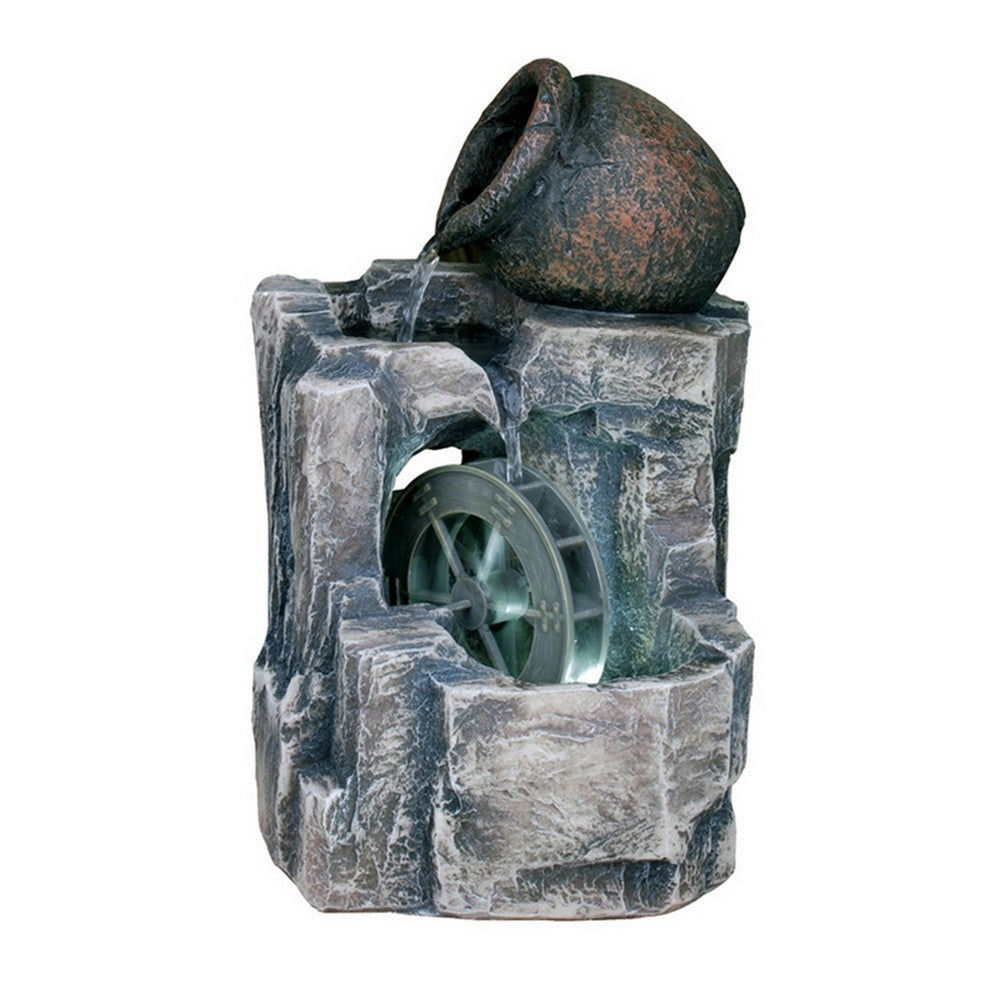 Tay 12 Inch Tabletop Water Fountain, Wheel Mill, LED Lighting, Rustic Gray By Casagear Home