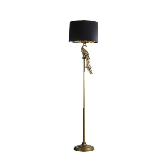 65 Inch Floor Lamp, Peacock, Linen Drum Shade, Pedestal Branch, Gold Finish By Casagear Home