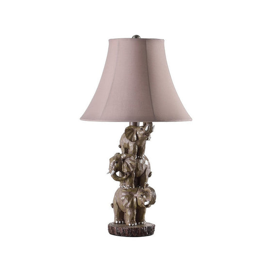 21 Inch Accent Table Lamp, 3 Stacked Elephants, Linen Bell Shade Brown Gray By Casagear Home