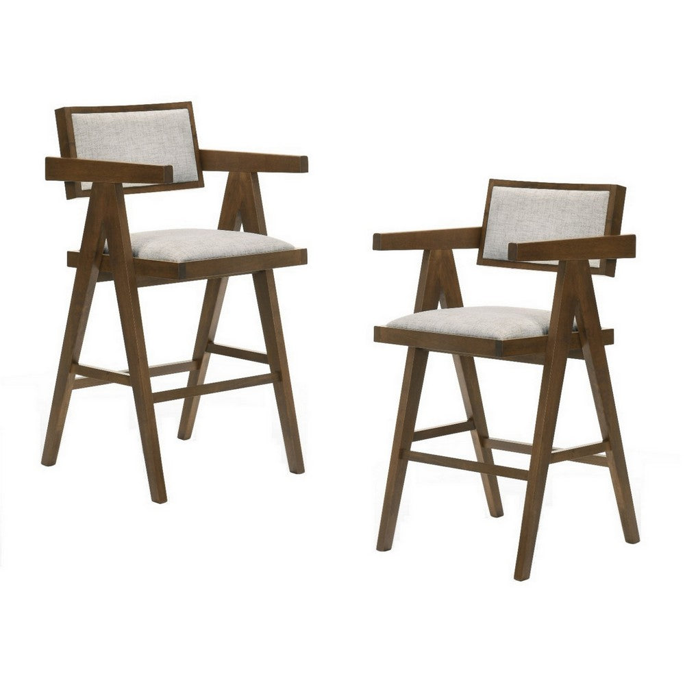 26 Inch Walnut Counter Stool Chair Set of 2, Soft Beige Fabric Upholstery By Casagear Home