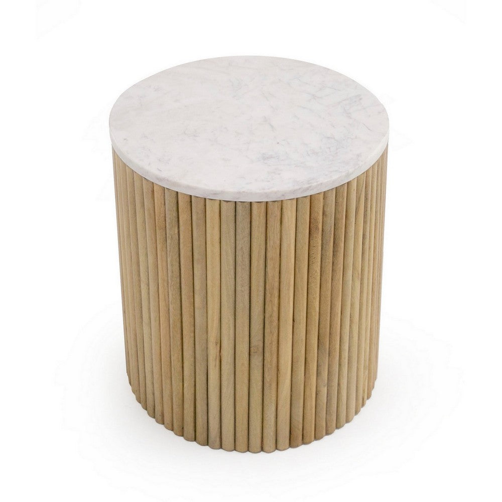 Cid Jolie 18 Inch Side End Table, White Marble Top, Brown Mango Wood Base By Casagear Home