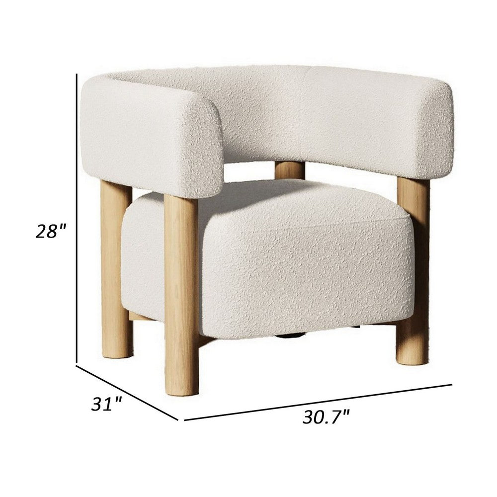 31 Inch Accent Chair, Modern Brown Wood Frame, White Fabric Upholstery By Casagear Home